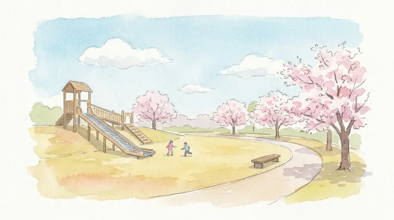 桜の咲く公園と遊具で遊ぶ子どもたちのイメージイラスト