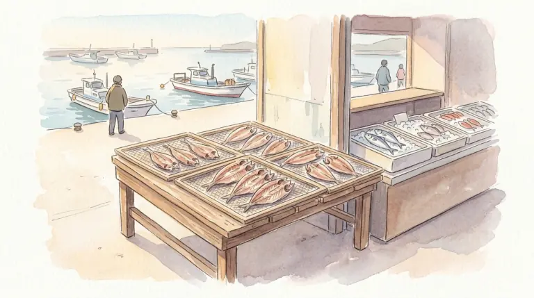 漁港の近くの直売所に並ぶ干物と鮮魚のイメージイラスト