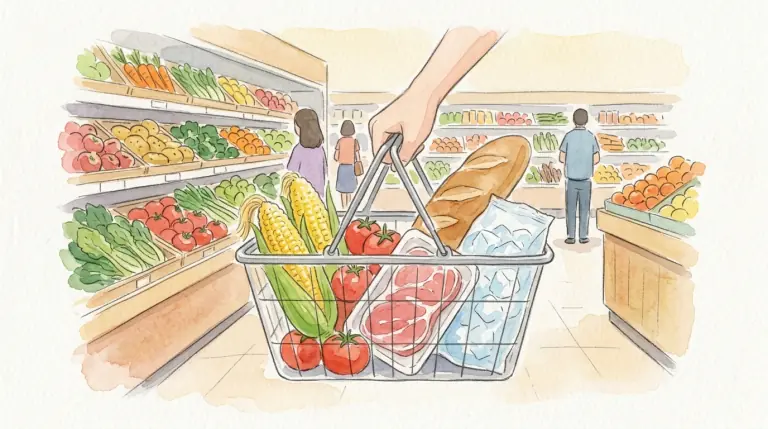スーパーで野菜や食材を買い物かごに入れる様子のイメージイラスト