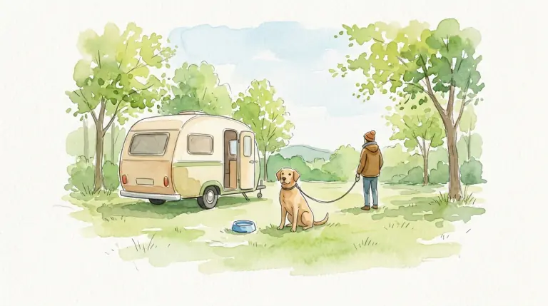 キャンピングトレーラーのそばでリードをつけた犬と過ごす朝のイメージイラスト