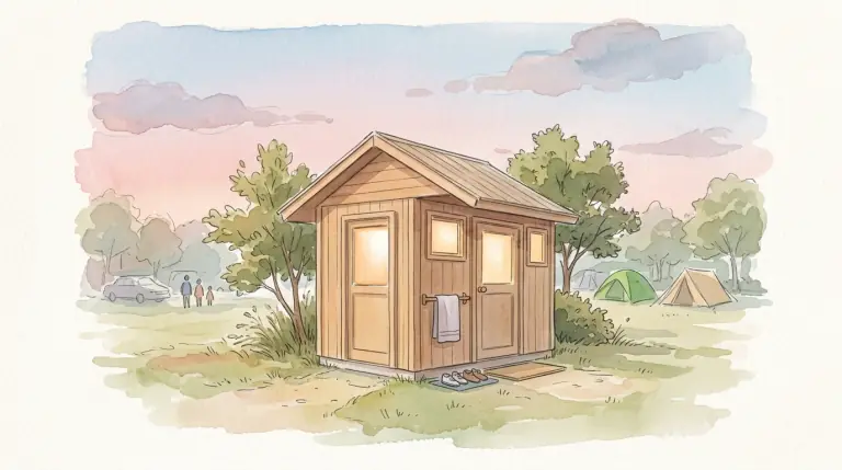 キャンプ場の木造のシャワー棟のイメージイラスト