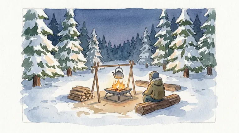 雪の中の焚き火台とやかんのイメージイラスト