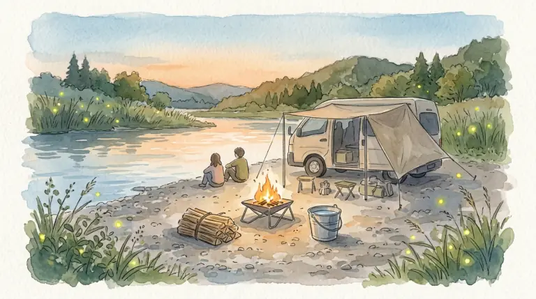 夕暮れの川辺に置いた焚き火台と水バケツのイメージイラスト