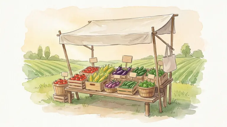 夏野菜が並ぶ屋外の直売所の棚のイメージイラスト
