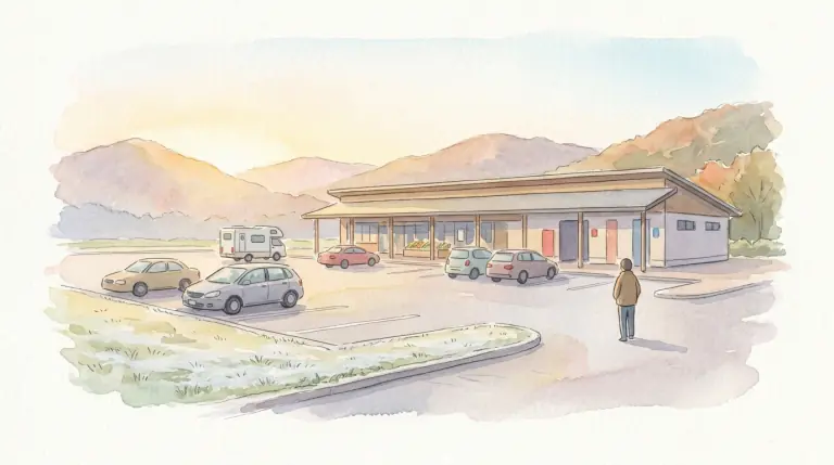 早朝の道の駅の駐車場と売店棟のイメージイラスト
