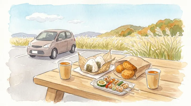 テイクアウトの昼食を広げたベンチと車のイメージイラスト