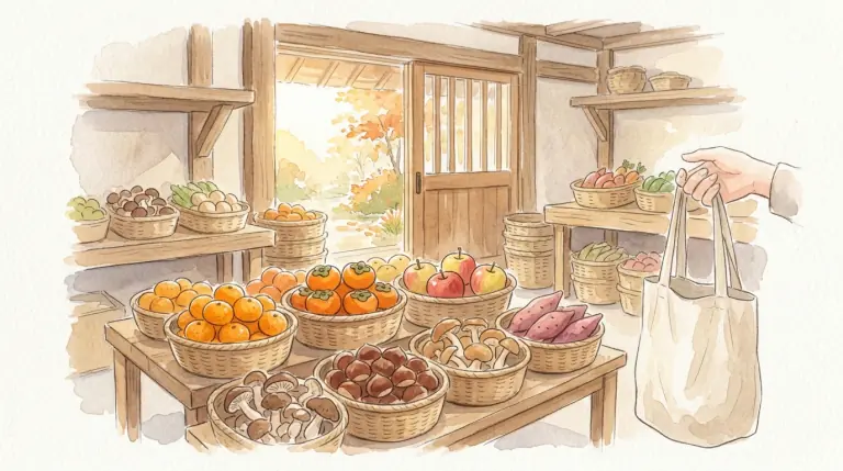 秋の果物やきのこが並ぶ直売所のイメージイラスト