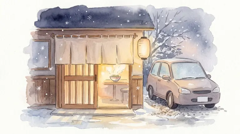 雪の夕方の麺の店の店先のイメージイラスト