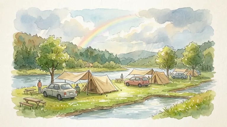 雨上がりの川沿いのオートキャンプ場の区画のイメージイラスト