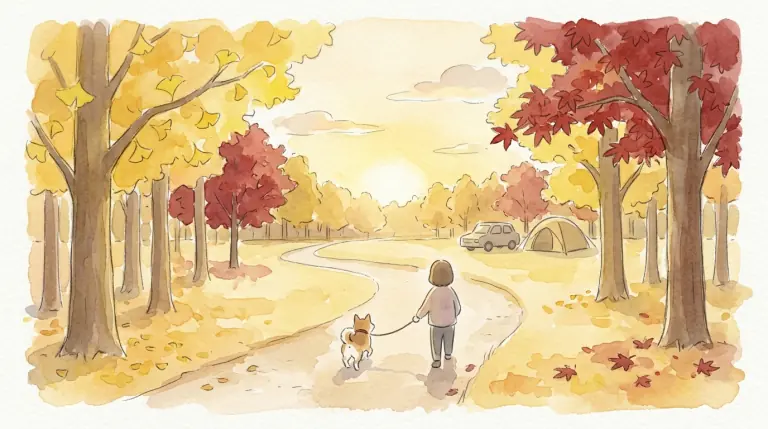 紅葉の散歩道を犬と歩く午後のイメージイラスト