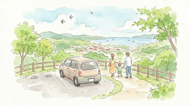 高台の駐車場から街と海を眺める家族のイメージイラスト