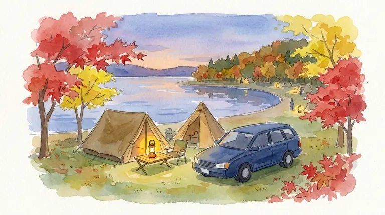 紅葉の湖畔の区画に張ったテントとランタンのイメージイラスト