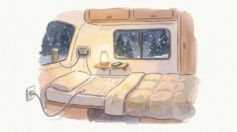 雪の夜の車内で電気毛布を使う寝床のイメージイラスト