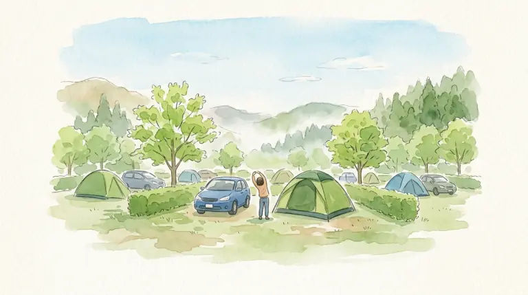 生け垣で区切ったオートキャンプ場の区画のイメージイラスト