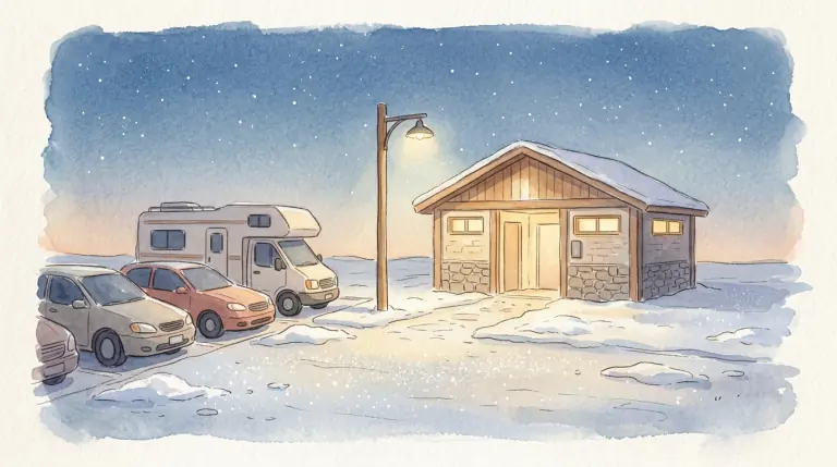 雪の夜に明かりのついたトイレ棟と駐車場のイメージイラスト