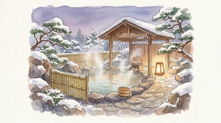 雪の中の人のいない露天風呂のイメージイラスト