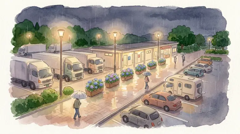 雨の夜のサービスエリアの駐車場と休憩施設のイメージイラスト