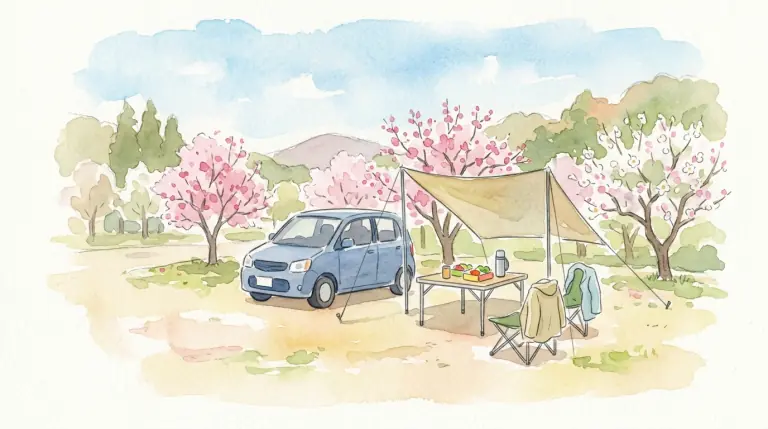 桜の下でタープを張ったデイキャンプのイメージイラスト